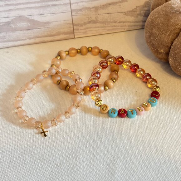 Handmade Beaded Bracelet Set – Word Bracelet, Gold & Nude Neutral Stack - Picture 3 of 6